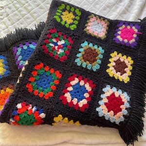 Vintage Granny Square Afghan crochet chair blanket Roseanne fringe black 69”X35”